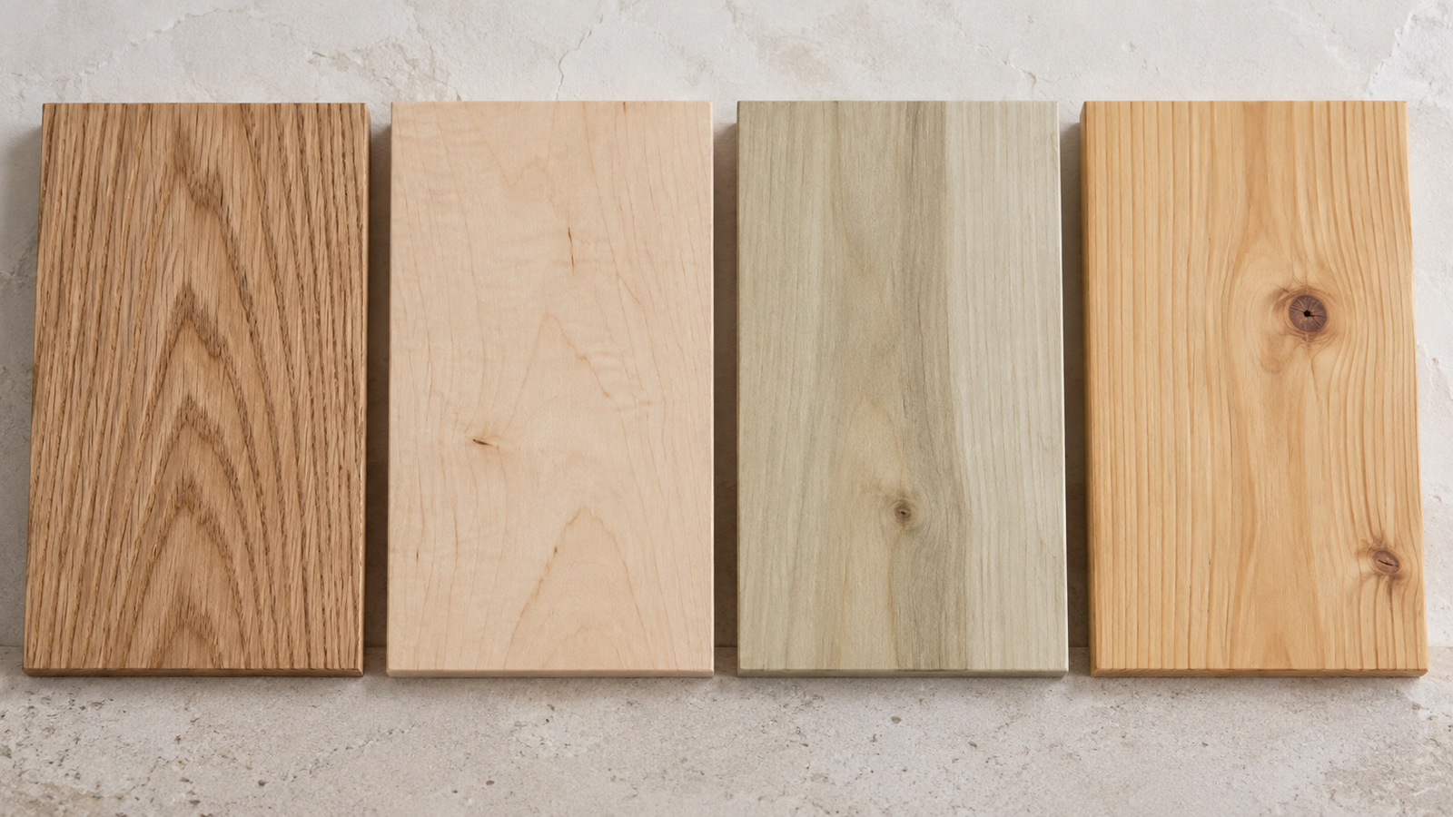 Four natural wood samples showing Red Oak, Maple, Poplar, and Yellow Pine